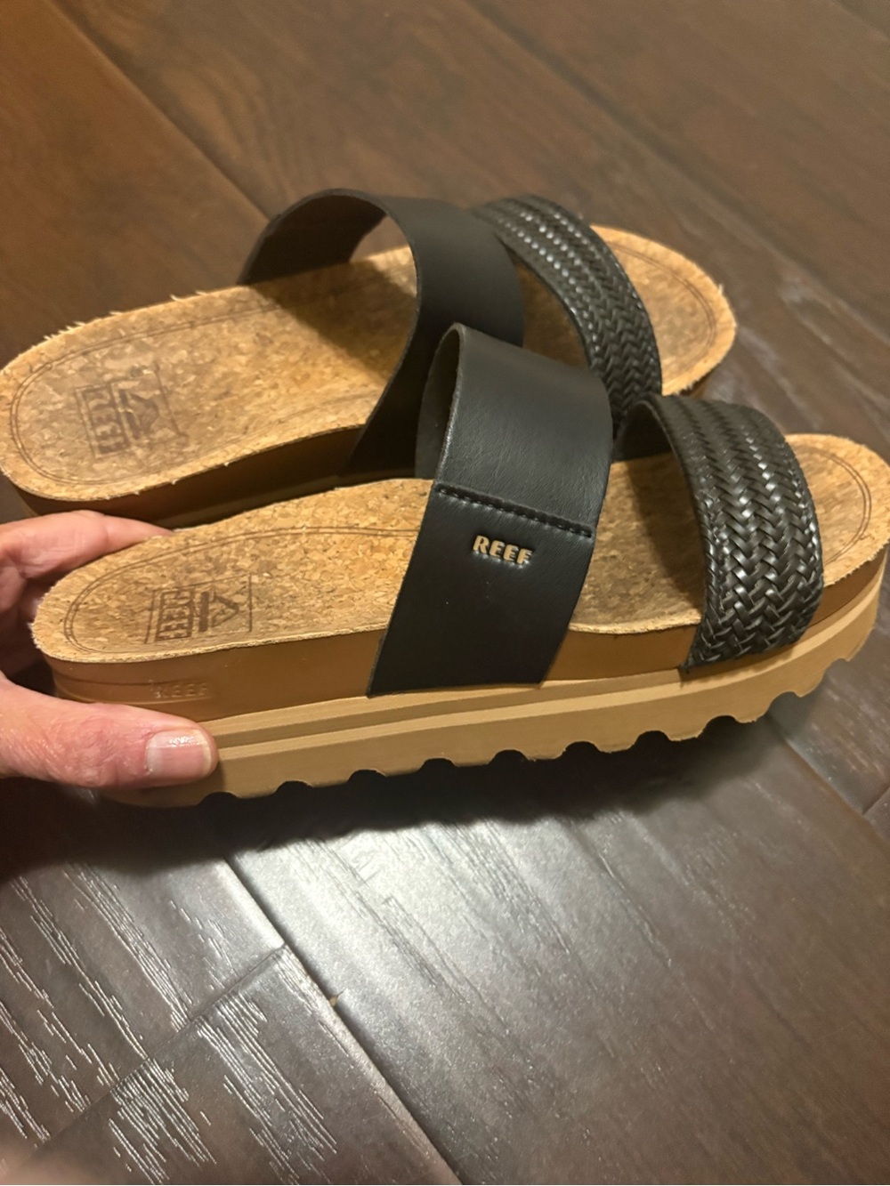 Reef Black Double-Strap Slide Sandals with Tan Platform